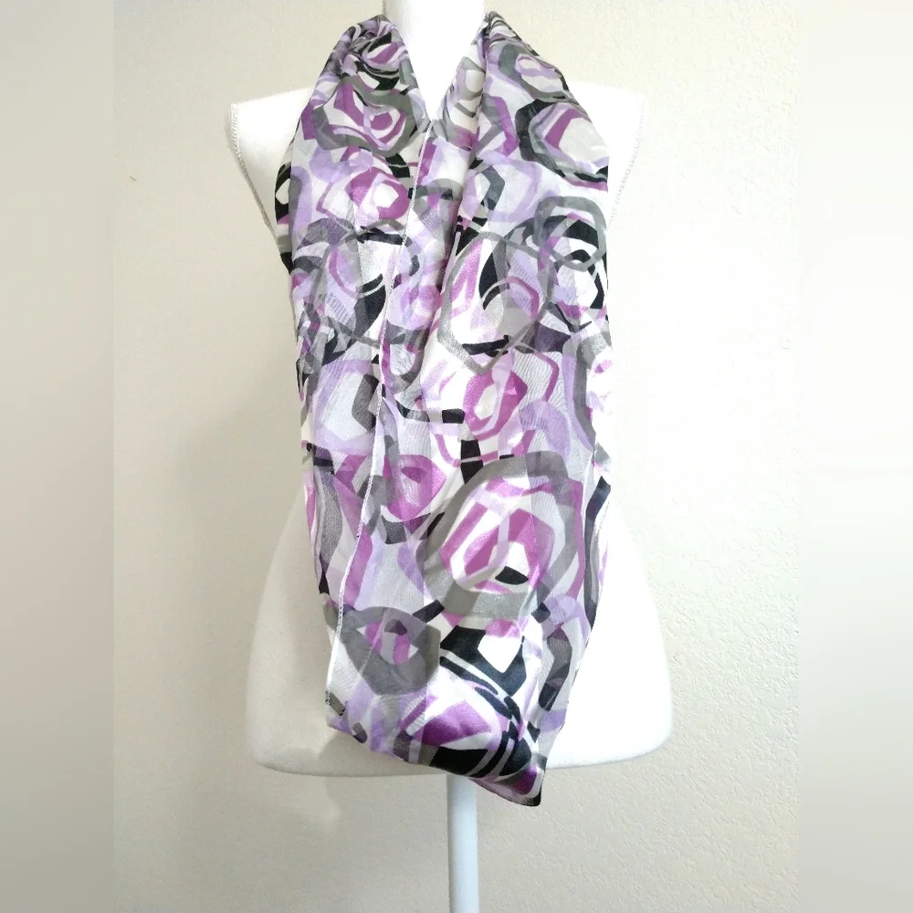 Pretty Vintage Shiny Sheen Purple Grey Infinity Scarf Geometric Print Circle